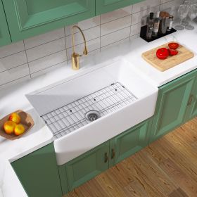 36 Inch Fireclay Farmhouse Kitchen Sink White Single Bowl Apron Front Kitchen Sink; Bottom Grid and Kitchen Sink Drain Included