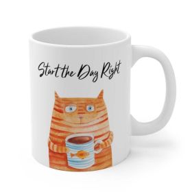 Start the Day Right Cat Holding Goldfish Coffee Tea Mug