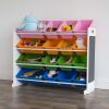 Kids Wood Toy Storage Organizer with Chalkboard and 16 Multi Color Bins