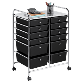 12 Drawer Rolling Storage Cart Organizer with Lockable Wheels, White (Color: Black)